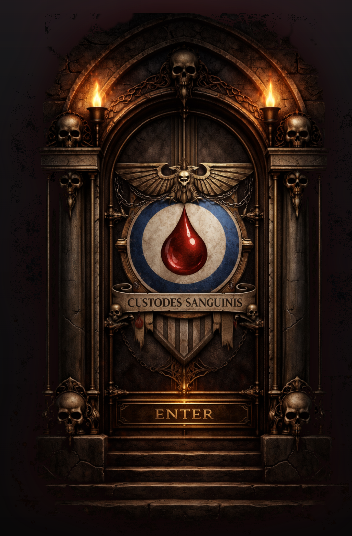 Gothic portal featuring the Custodes Sanguinis emblem